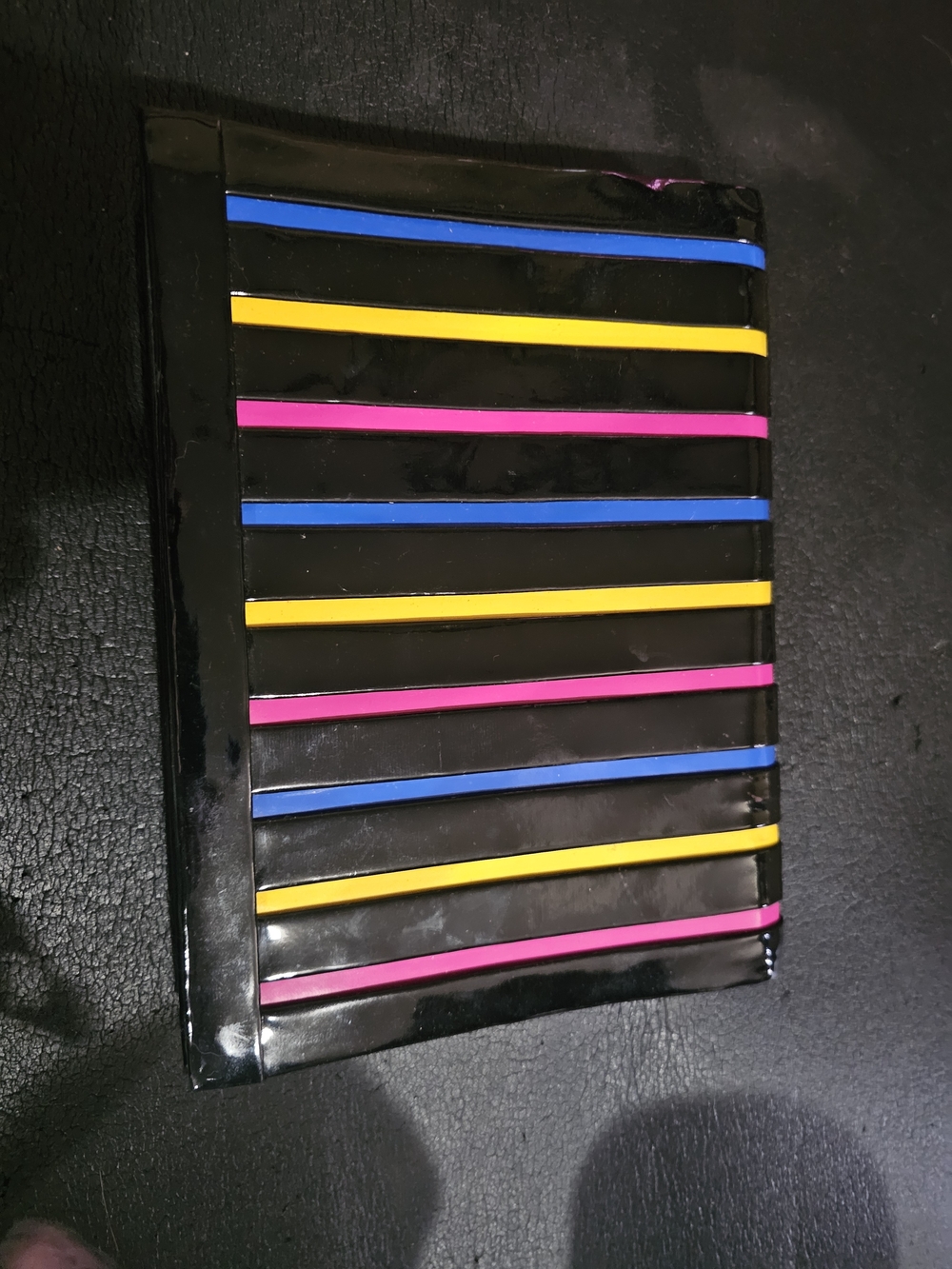 Black Patent Stripe Notebook with Blue, Yellow & Pink Accents